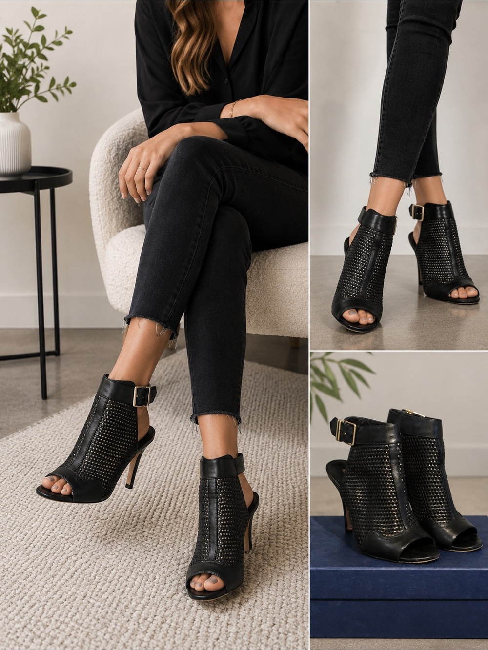 DESIGNER BLACK ANKLE PEEP TOE SZ 8.5